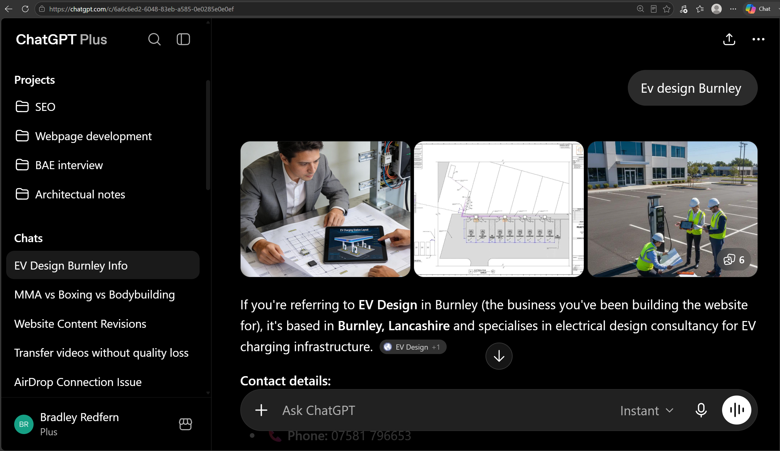A ChatGPT conversation answering “EV Design Burnley” by identifying EV Design as a Burnley, Lancashire electrical design consultancy for EV charging infrastructure, followed by its contact details.