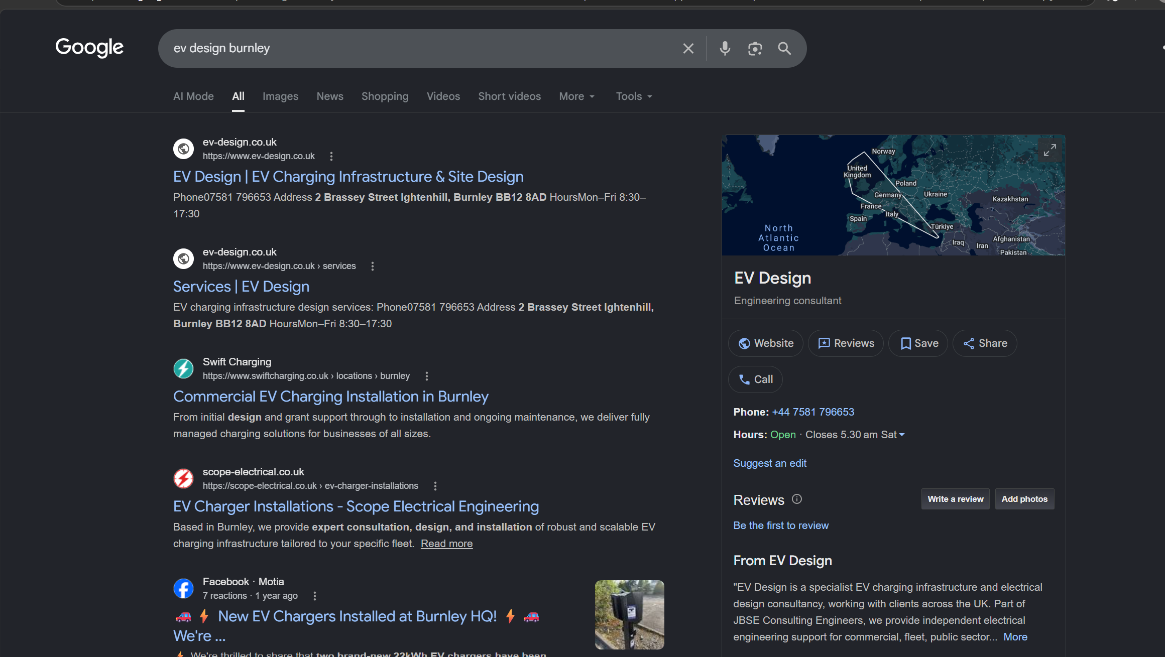 Google results for “ev design burnley”, with EV Design's website ranked first ahead of competing EV charging installers, and its Google Business Profile shown in the side panel.