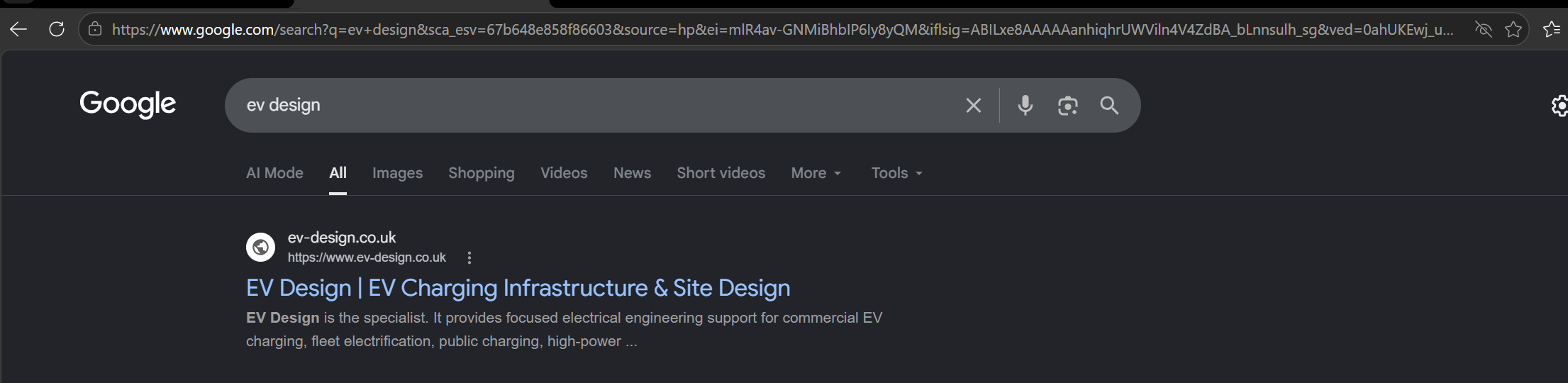 Google results for “ev design”, with EV Design's website ev-design.co.uk as the top organic result, titled “EV Design | EV Charging Infrastructure & Site Design”.